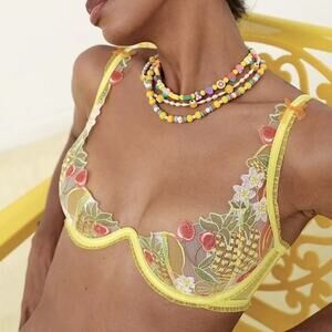 For Love & Lemons Mirabelle Underwire Bra Yellow Embroidered Sheer 38C NWT